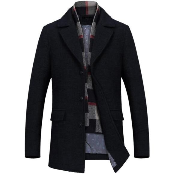 Mens WoolBlend Coat Winter Trench Coat with Detachable SoftScarf Single Breasted - Picture 1 of 8